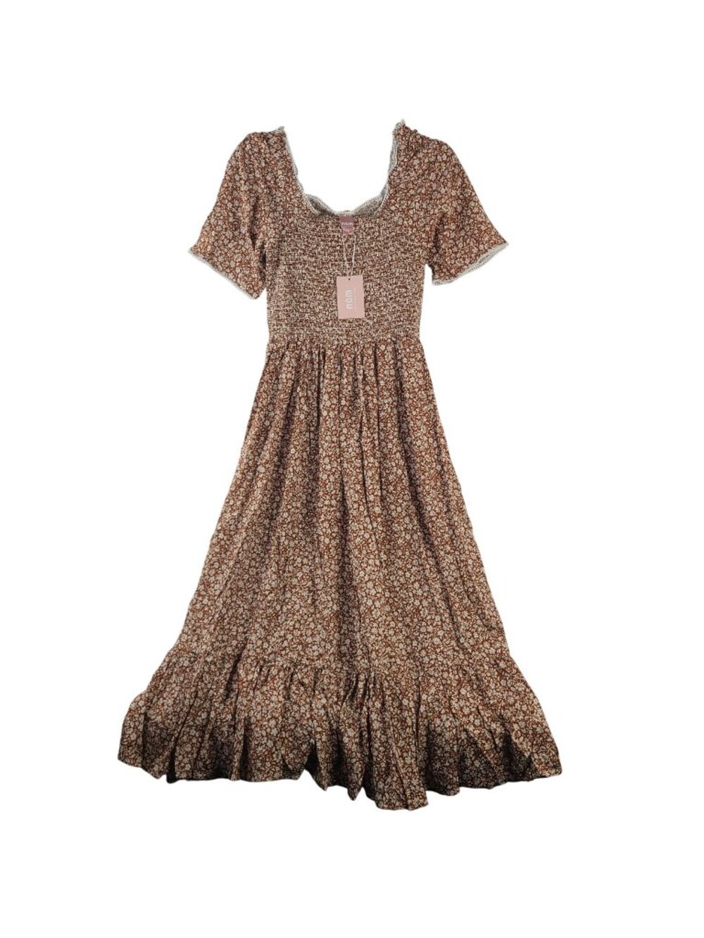 Nom Raquel Ditsy Print Smocked Maxi Maternity Dress Short Sleeves Sz S Brown